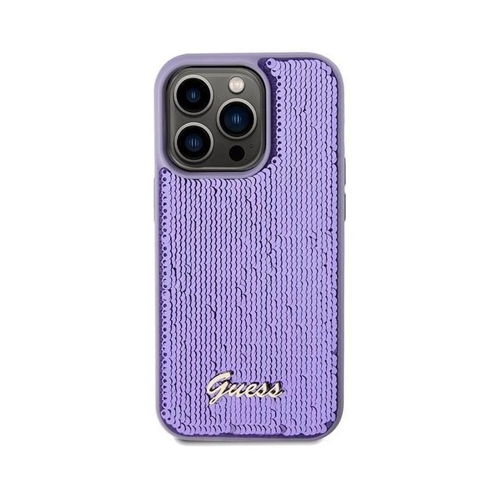 Guess Sequin Script Metalinis dėklas iPhone 14 Pro Max - violetinis