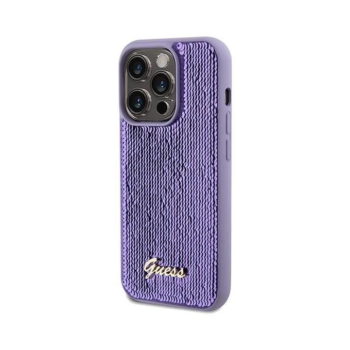 Guess Sequin Script Metalinis dėklas iPhone 14 Pro Max - violetinis