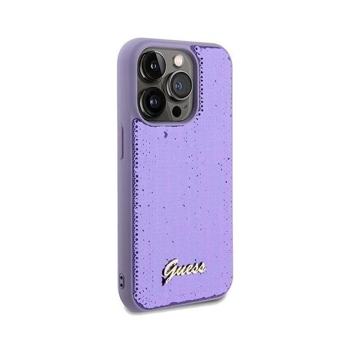 Guess Sequin Script Metalinis dėklas iPhone 14 Pro Max - violetinis
