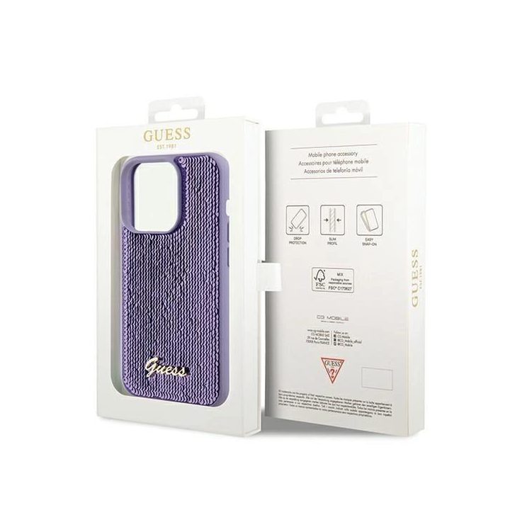 Guess Sequin Script Metalinis dėklas iPhone 14 Pro Max - violetinis