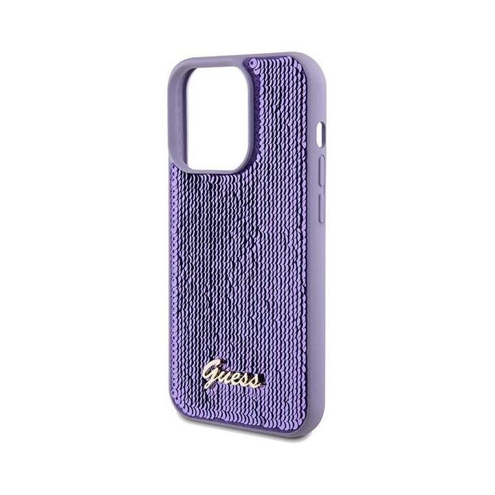 Guess Sequin Script Metalinis dėklas iPhone 14 Pro Max - violetinis