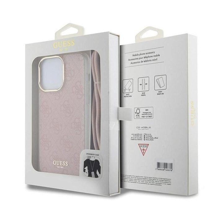 Guess Crossbody Cord 4G Print dėklas iPhone 15 Pro - rožinis
