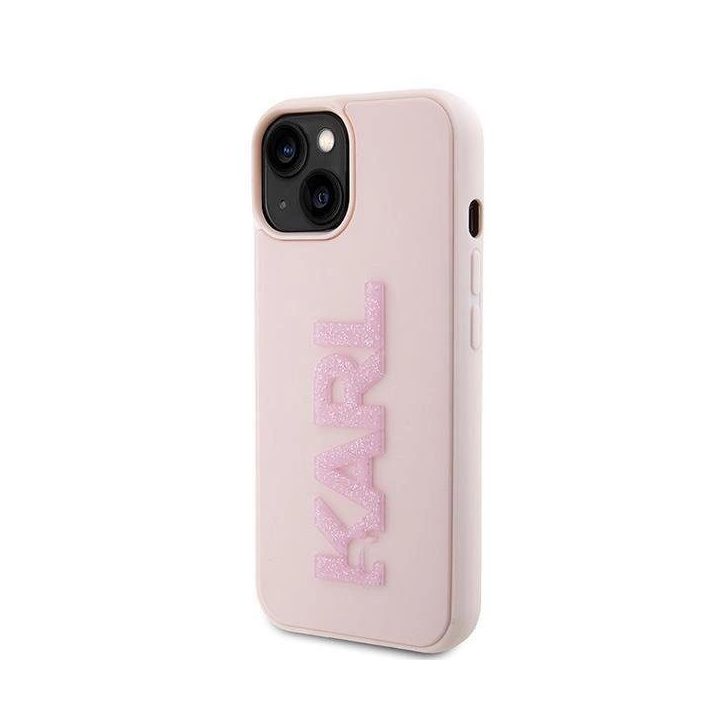 Karl Lagerfeld 3D guminis blizgantis dėklas su logotipu iPhone 15 Plus - rožinis