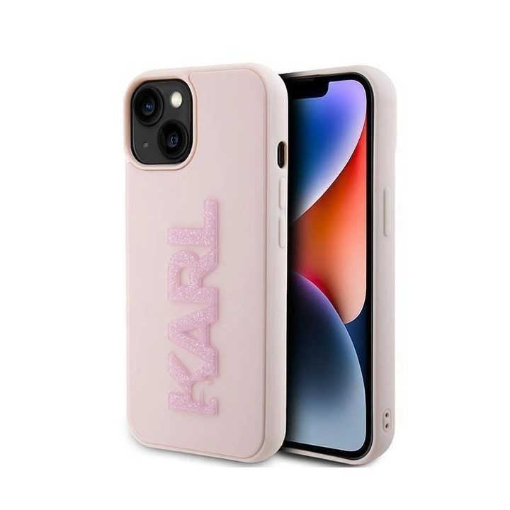 Karl Lagerfeld 3D guminis blizgantis dėklas su logotipu iPhone 15 Plus - rožinis