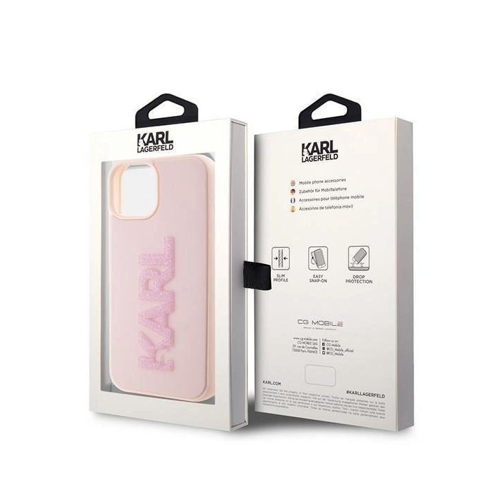 Karl Lagerfeld 3D guminis blizgantis dėklas su logotipu iPhone 15 Plus - rožinis