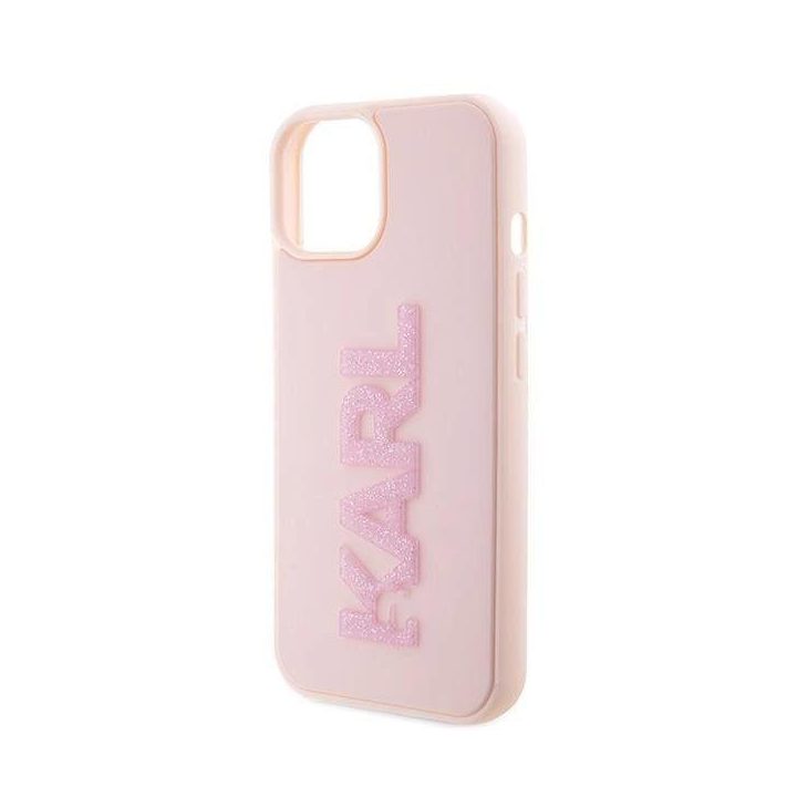 Karl Lagerfeld 3D guminis blizgantis dėklas su logotipu iPhone 15 Plus - rožinis