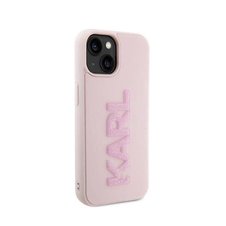 Karl Lagerfeld 3D guminis blizgantis dėklas su logotipu iPhone 15 Plus - rožinis