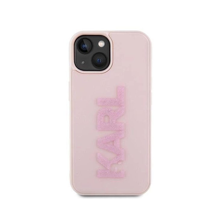 Karl Lagerfeld 3D guminis blizgantis dėklas su logotipu iPhone 15 Plus - rožinis