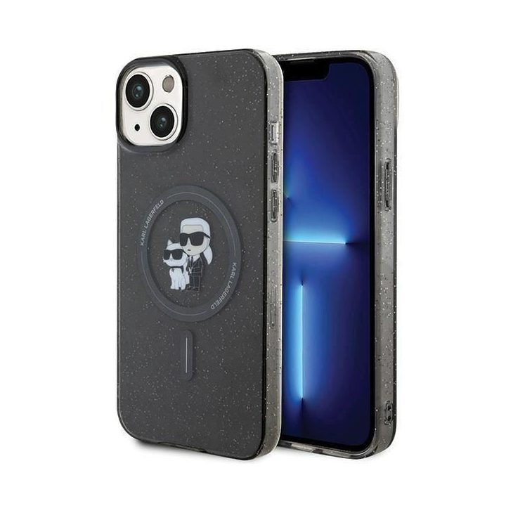 Karl Lagerfeld Karl&Choupette Glitter MagSafe dėklas iPhone 15 Plus - juodos spalvos