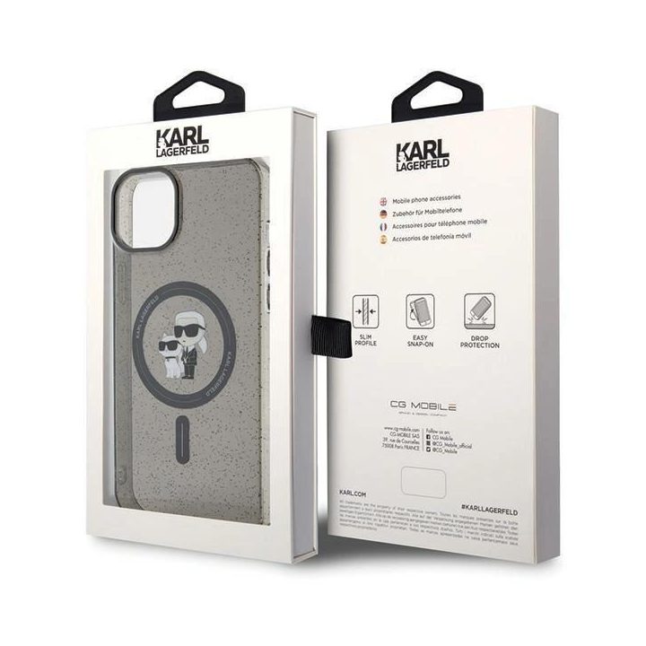 Karl Lagerfeld Karl&Choupette Glitter MagSafe dėklas iPhone 15 Plus - juodos spalvos