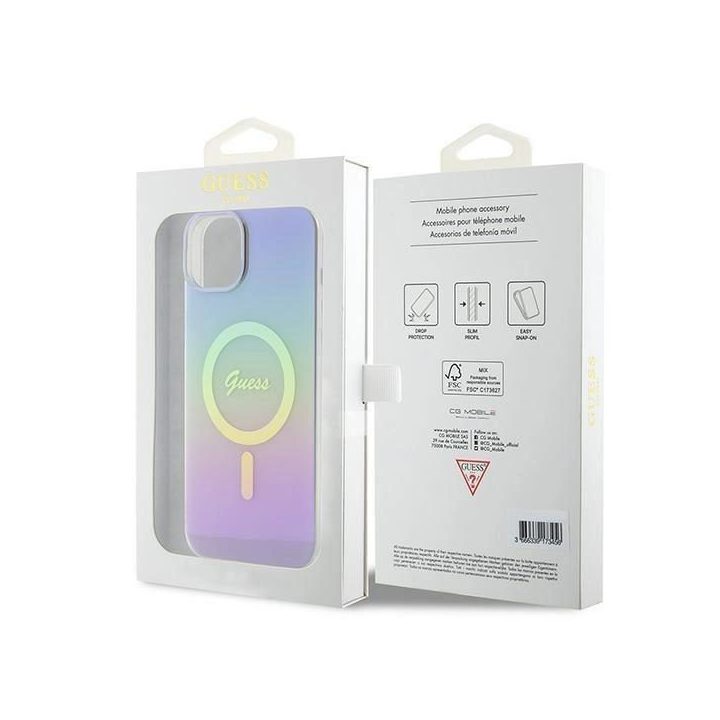 Guess iPhone 15 6,1 violetinės/violetinės spalvos deklas IML Iridescent MagSafe