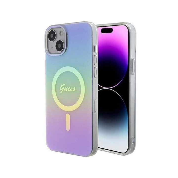 Guess iPhone 15 6,1 violetinės/violetinės spalvos deklas IML Iridescent MagSafe