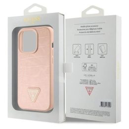 Guess iPhone 15 Pro Max rausvas/rožinis deklas Croco Triangle Metal Logo