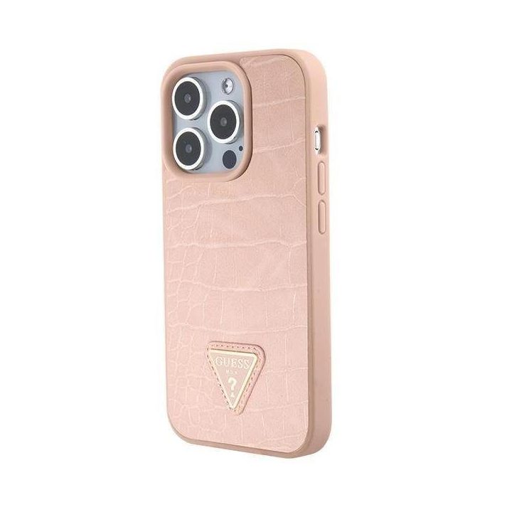 Guess iPhone 15 Pro Max rausvas/rožinis deklas Croco Triangle Metal Logo