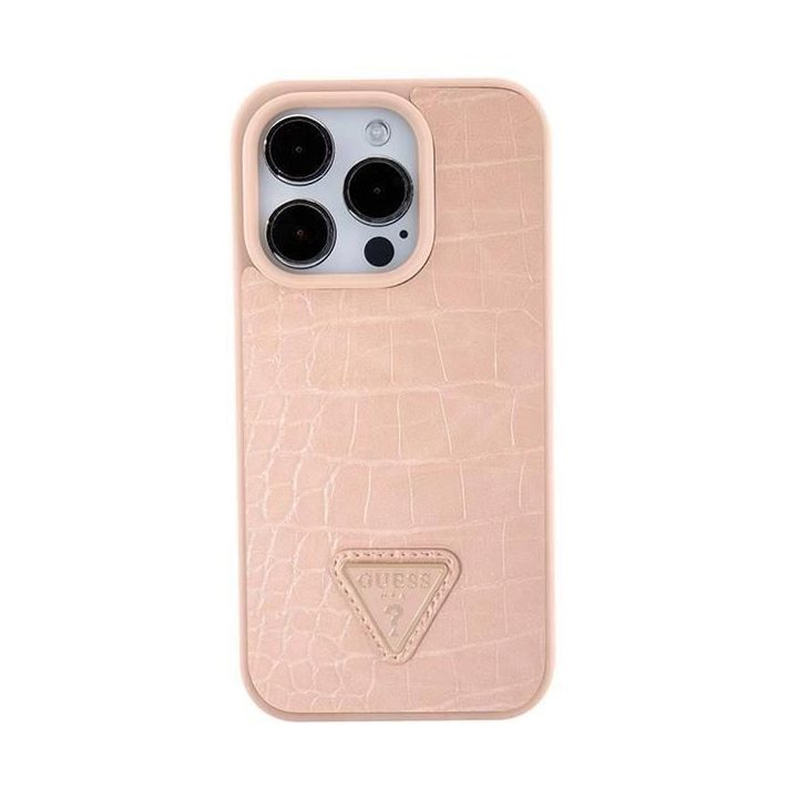 Guess iPhone 15 Pro Max rausvas/rožinis deklas Croco Triangle Metal Logo