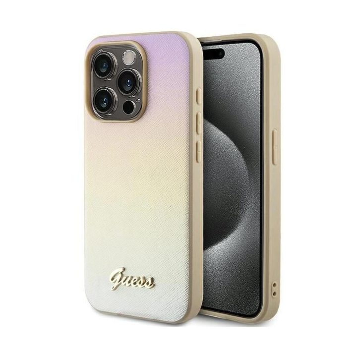Guess iPhone 15 Pro Max 6,7 aukso/aukso spalvos deklas Saffiano Iridescent Script