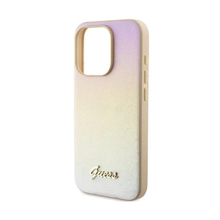 Guess iPhone 15 Pro Max 6,7 aukso/aukso spalvos deklas Saffiano Iridescent Script