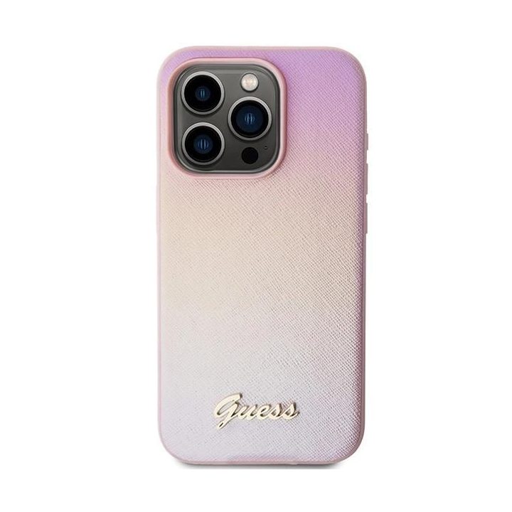 Guess iPhone 15 Pro Max 6,7 rožinės/rožinės spalvos deklas Saffiano Iridescent Script
