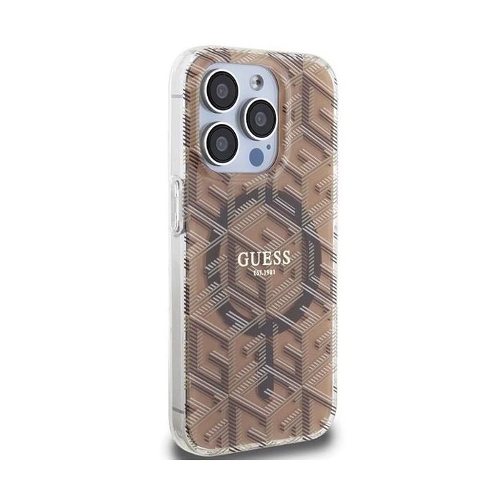 Guess IML GCube MagSafe dėklas iPhone 15 Pro - rudas