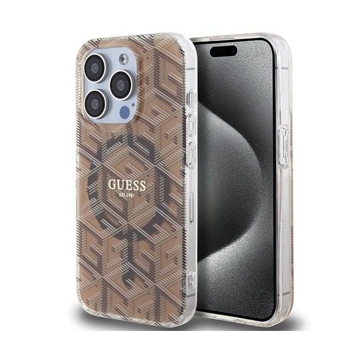 Guess IML GCube MagSafe dėklas iPhone 15 Pro - rudas