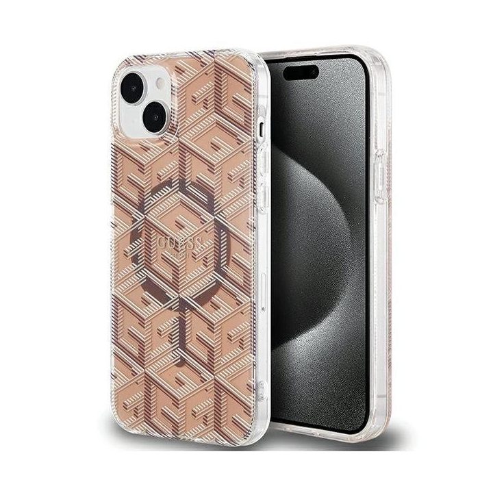Guess IML GCube MagSafe dėklas iPhone 15 Plus / 14 Plus - rudas