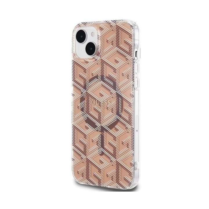 Guess IML GCube MagSafe dėklas iPhone 15 Plus / 14 Plus - rudas