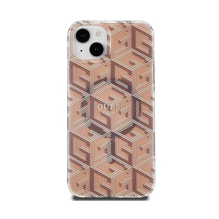 Guess IML GCube MagSafe dėklas iPhone 15 Plus / 14 Plus - rudas