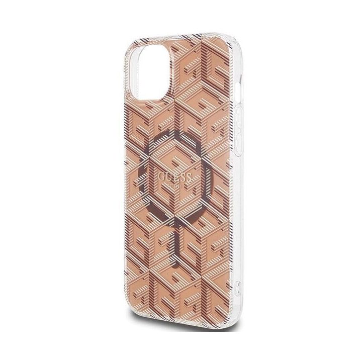 Guess IML GCube MagSafe dėklas iPhone 15 Plus / 14 Plus - rudas