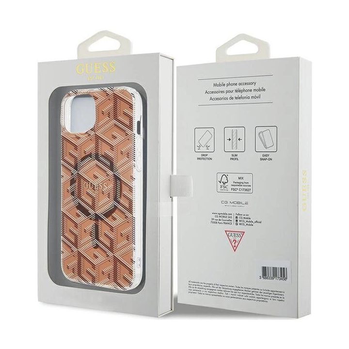 Guess IML GCube MagSafe dėklas iPhone 15 Plus / 14 Plus - rudas