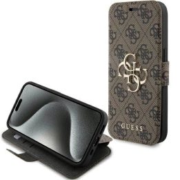 Guess 4G metalinis dėklas su logotipu iPhone 15 Pro - rudas