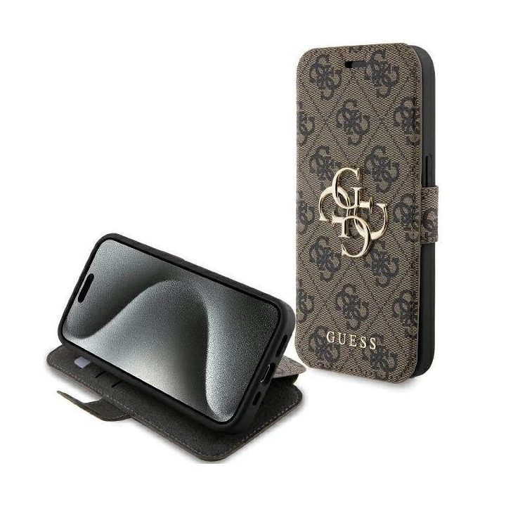 Guess 4G metalinis dėklas su logotipu iPhone 15 Pro - rudas