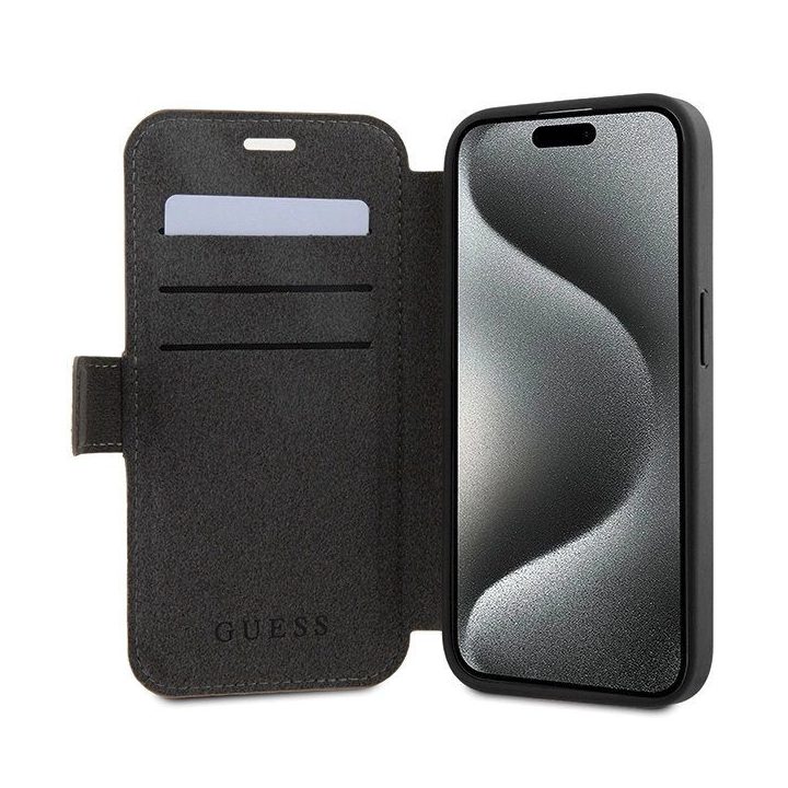 Guess 4G metalinis dėklas su logotipu iPhone 15 Pro - rudas