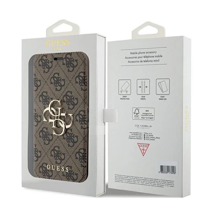 Guess 4G metalinis dėklas su logotipu iPhone 15 Pro - rudas