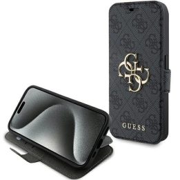 Guess 4G metalinis dėklas su logotipu iPhone 15 Pro - pilkas