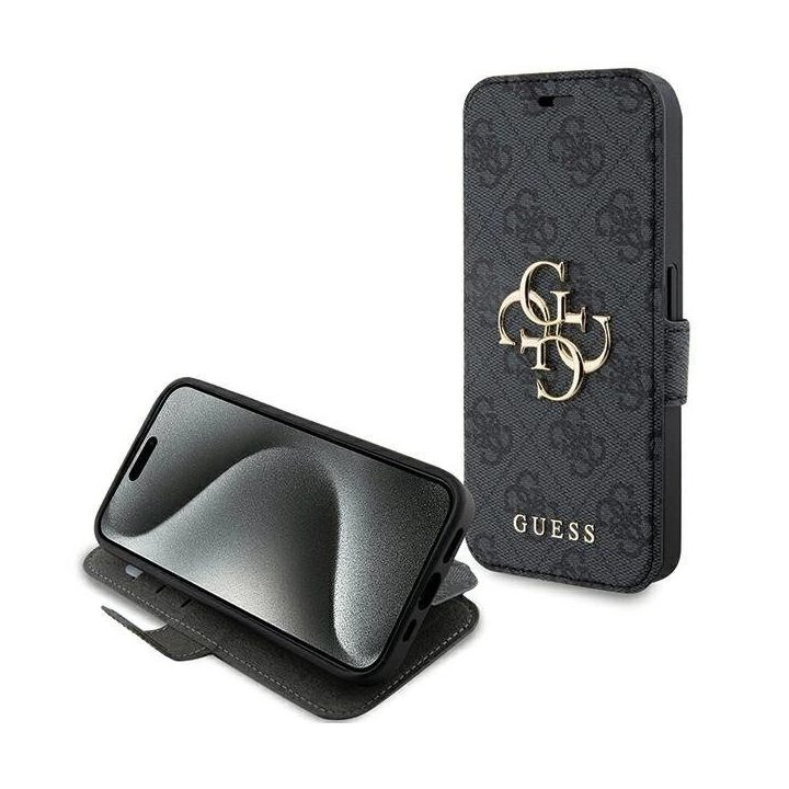 Guess 4G metalinis dėklas su logotipu iPhone 15 Pro - pilkas