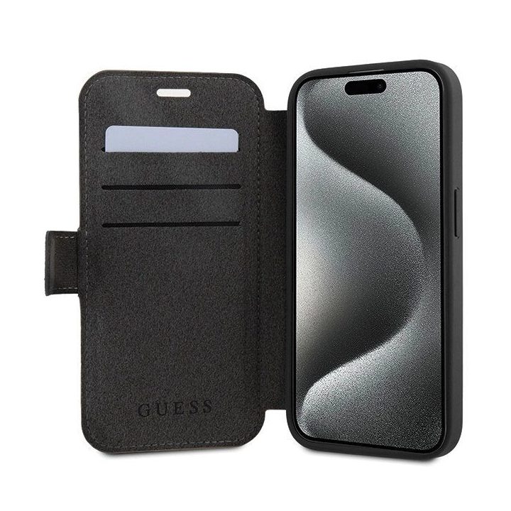Guess 4G metalinis dėklas su logotipu iPhone 15 Pro - pilkas
