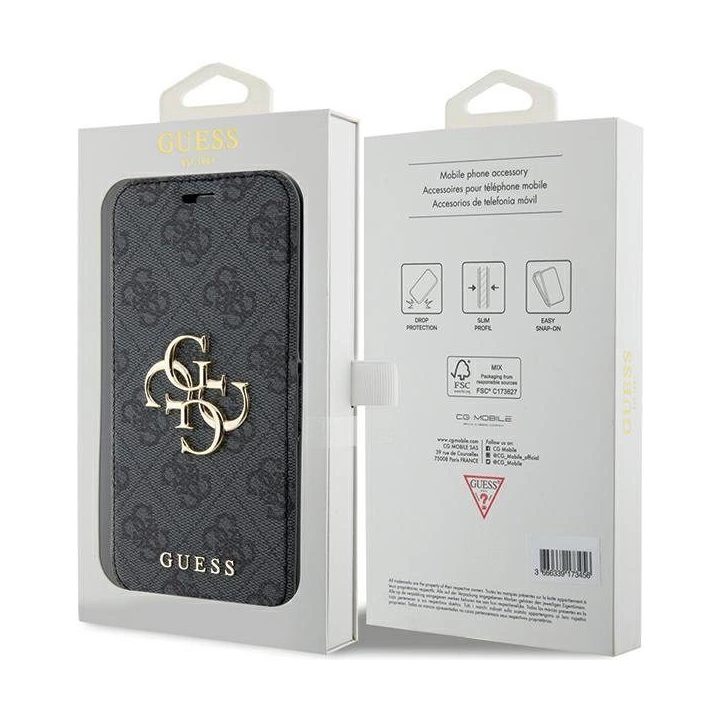 Guess 4G metalinis dėklas su logotipu iPhone 15 Pro - pilkas