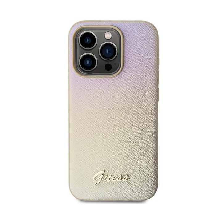Guess Saffiano Iridescent Script dėklas iPhone 14 Pro - auksinis