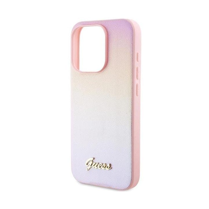 Guess Saffiano Iridescent Script dėklas iPhone 14 Pro - rožinis