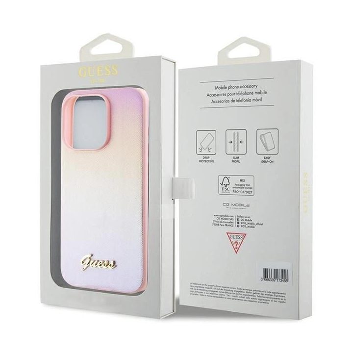 Guess Saffiano Iridescent Script dėklas iPhone 14 Pro - rožinis