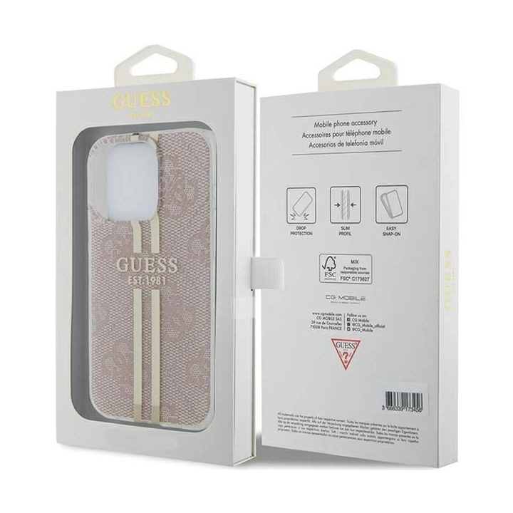 Guess IML 4G Gold Stripe dėklas iPhone 14 Pro Max - rožinis