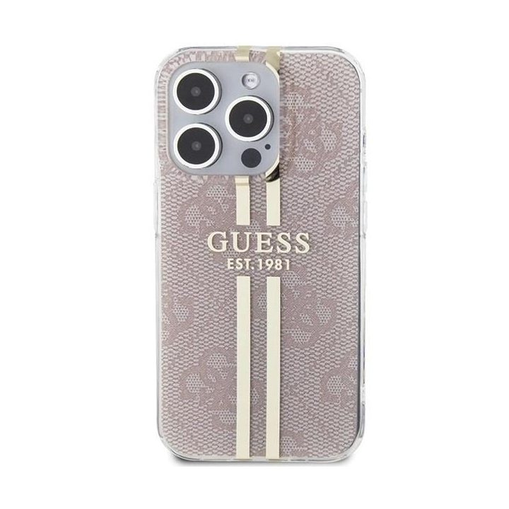 Guess IML 4G Gold Stripe dėklas iPhone 14 Pro Max - rožinis