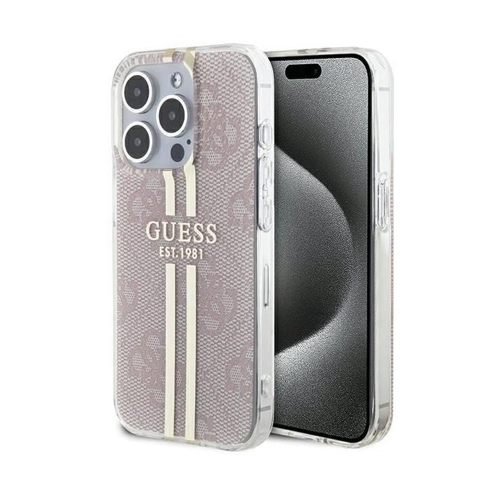 Guess IML 4G Gold Stripe dėklas iPhone 14 Pro Max - rožinis