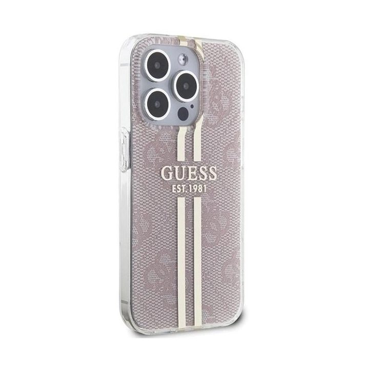 Guess IML 4G Gold Stripe dėklas iPhone 14 Pro Max - rožinis