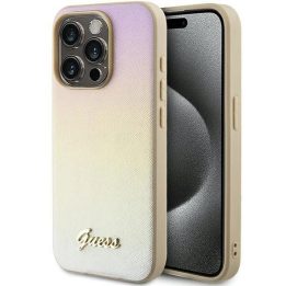Guess Saffiano Iridescent Script dėklas iPhone 14 Pro Max - auksinis