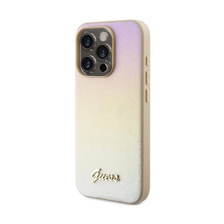 Guess Saffiano Iridescent Script dėklas iPhone 14 Pro Max - auksinis