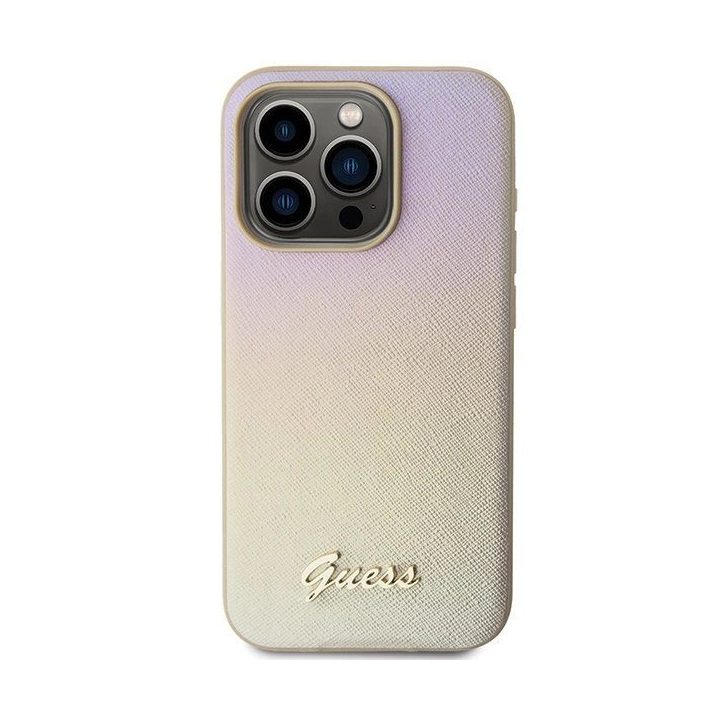 Guess Saffiano Iridescent Script dėklas iPhone 14 Pro Max - auksinis