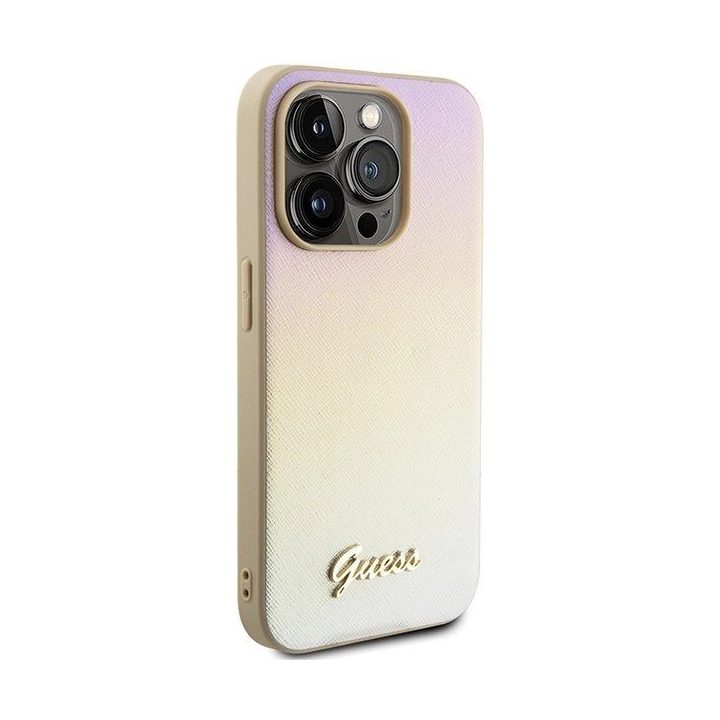 Guess Saffiano Iridescent Script dėklas iPhone 14 Pro Max - auksinis