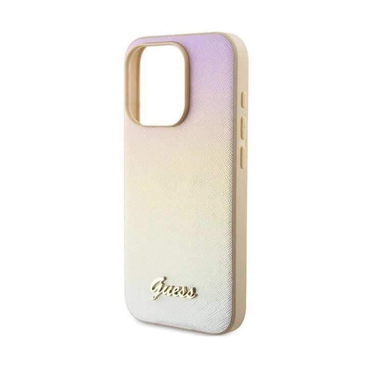 Guess Saffiano Iridescent Script dėklas iPhone 14 Pro Max - auksinis