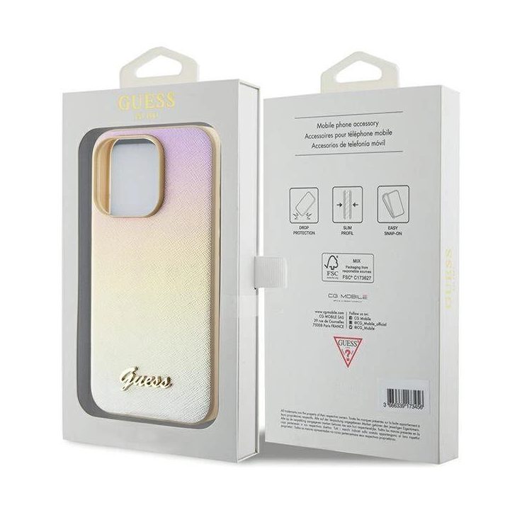 Guess Saffiano Iridescent Script dėklas iPhone 14 Pro Max - auksinis